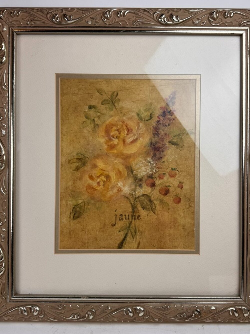 Vintage Framed Botanical "Jaune" Yellow Rose Print in Ornate Frame 16"x18" flaw